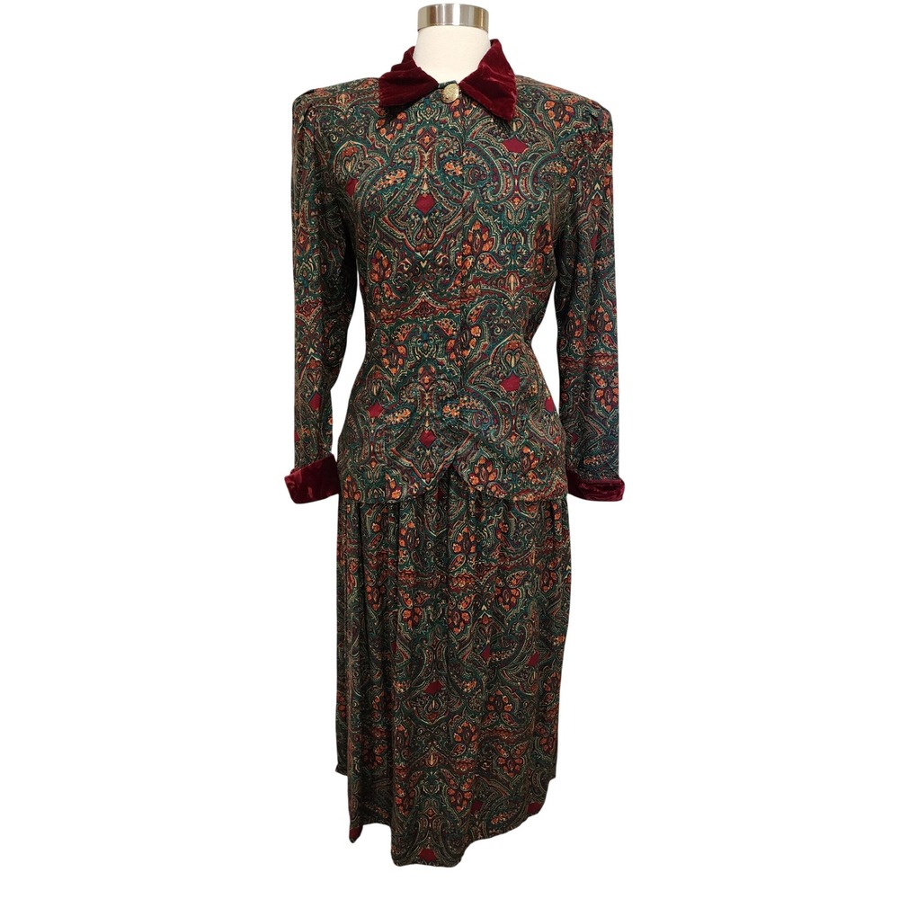 Vintage Miss Dorby 2 Piece Velvet Trimmed Blouse & Skirt Paisley Deadstock sz 8